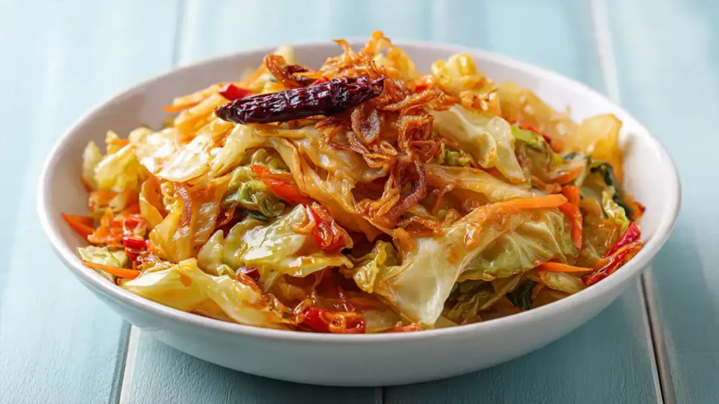 A white bowl of tender stir-fried Napa cabbage and julienned carrots topped with crispy fried shallots.