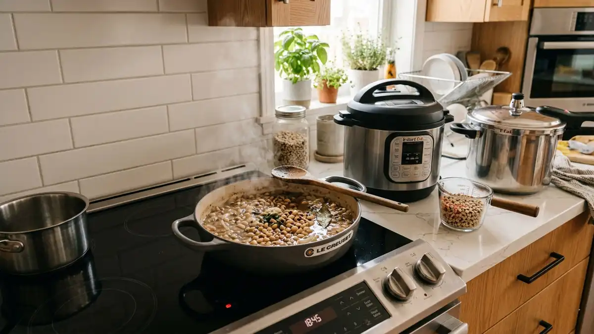 Cooked black eyed peas in pots showing stovetop and pressure cooker cooking methods