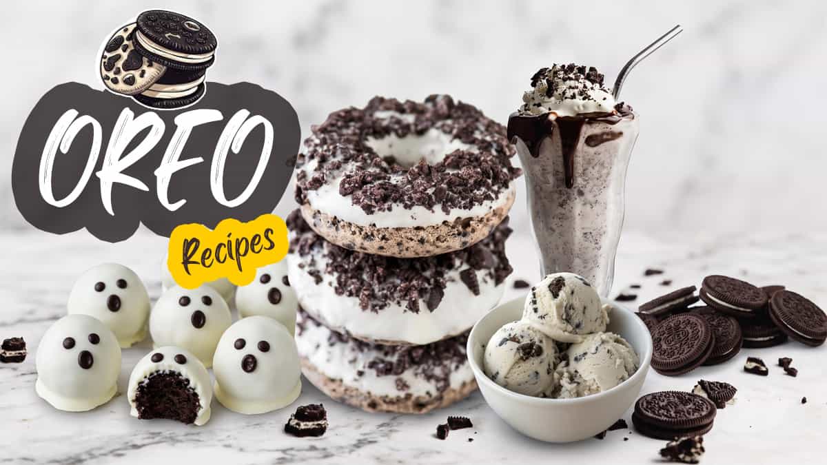 100+ Oreo recipes collage featuring Oreo cheesecake, Oreo balls, Oreo cookies, ice cream cake, brownies, pie, fudge and desserts