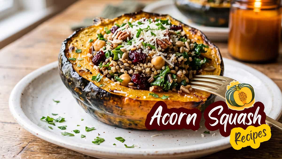 Halved acorn squash stuffed with grains, chickpeas, cranberries, and herbs on a ceramic plate.