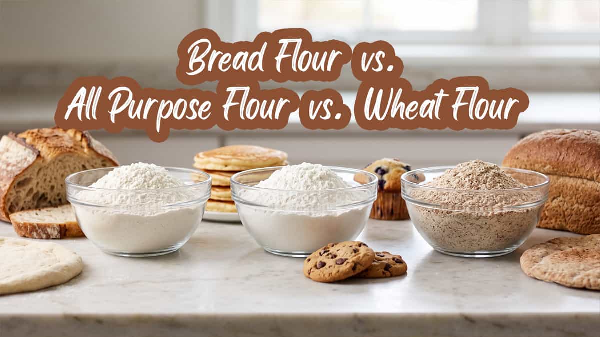 Bread flour, all-purpose flour, and whole wheat flour compared with their baked foods